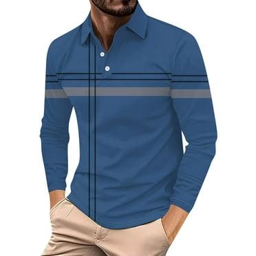 SnnmBlm Mens Casual Striped Long Sleeve Collared T Shirt Shirts Blue L
