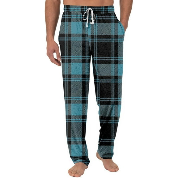 SnnmBlm Mens Pajama Pants Bottoms Fleece Lounge Pants Sleepwear Plaid PJs with Pockets Microfleece Cyan XL