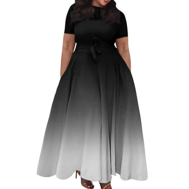 SnnmBlm Plus Size Dress A Line Dresses for Women Summer Long Dresses with Sleeve Casual Belted 2024 Black 4XL