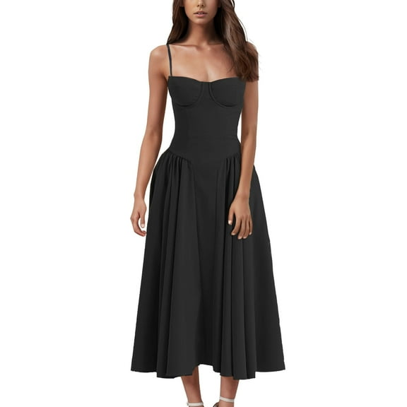 SnnmBlm Sleeveless Corset Dress for Women 2024 Elegant Spaghetti Strap Midi Dress Flowy Pleated Hem Low Cut Prom Dresses Black XL