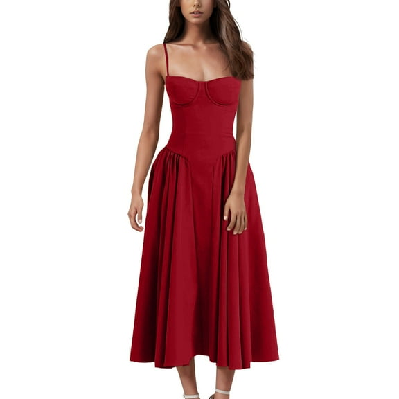 SnnmBlm Sleeveless Corset Dress for Women 2024 Elegant Spaghetti Strap Midi Dress Flowy Pleated Hem Low Cut Prom Dresses Red 2XL