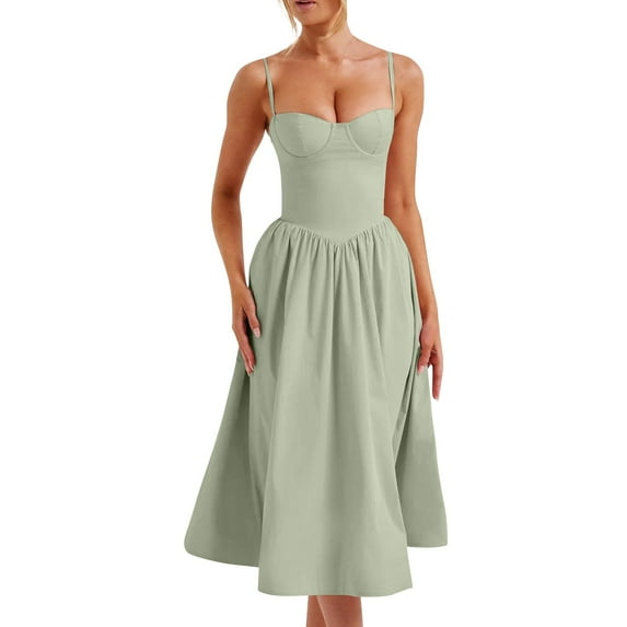 SnnmBlm Sleeveless Corset Dress for Women 2Elegant Spaghetti Strap Midi Dress Flowy Pleated Hem Low Cut Prom Dresses Mint Green 2XL