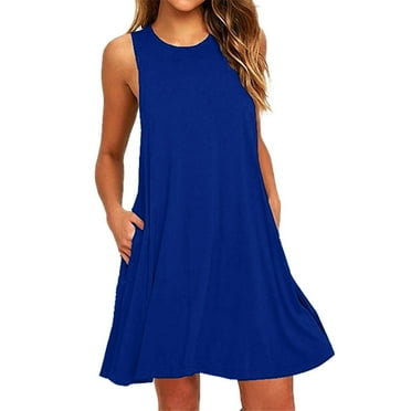 SnnmBlm Summer Dresses for Women 2024 Casual Beach Sleeveless Floral Print Tank Loose Sundress Blue M