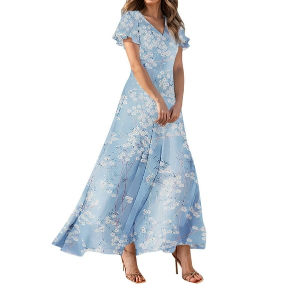 SnnmBlm Summer Dresses for Women 2024 Floral Boho Dress Beach Casual Mid Length Dress Short Sleeve Flowy Elegant Maxi Dress Sky Blue XL