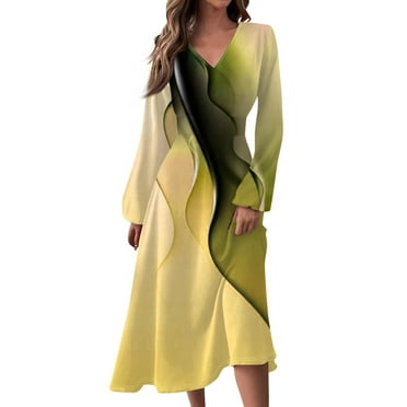 SnnmBlm Summer Women Dresses 2024 V Neck Long Sleeve Boho Flowy Loose A-Line Midi Dress Floral Printed Dress Yellow M