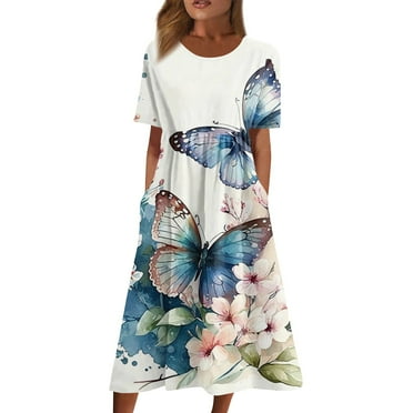 SnnmBlm Tshirt Dress 2024 for Women Casual Plus Size Summer Midi Dress Boho Floral Print Loose Flowy Long Dresses Blue L