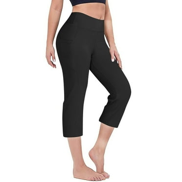 SnnmBlm Women Elastic High Waist 3/4 Pant Casual Active Fit Wide Capris Leg Pants Trousers With Pockets Black L