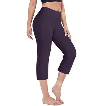 SnnmBlm Women Elastic High Waist 3/4 Pant Casual Active Fit Wide Capris Leg Pants Trousers With Pockets Purple XL