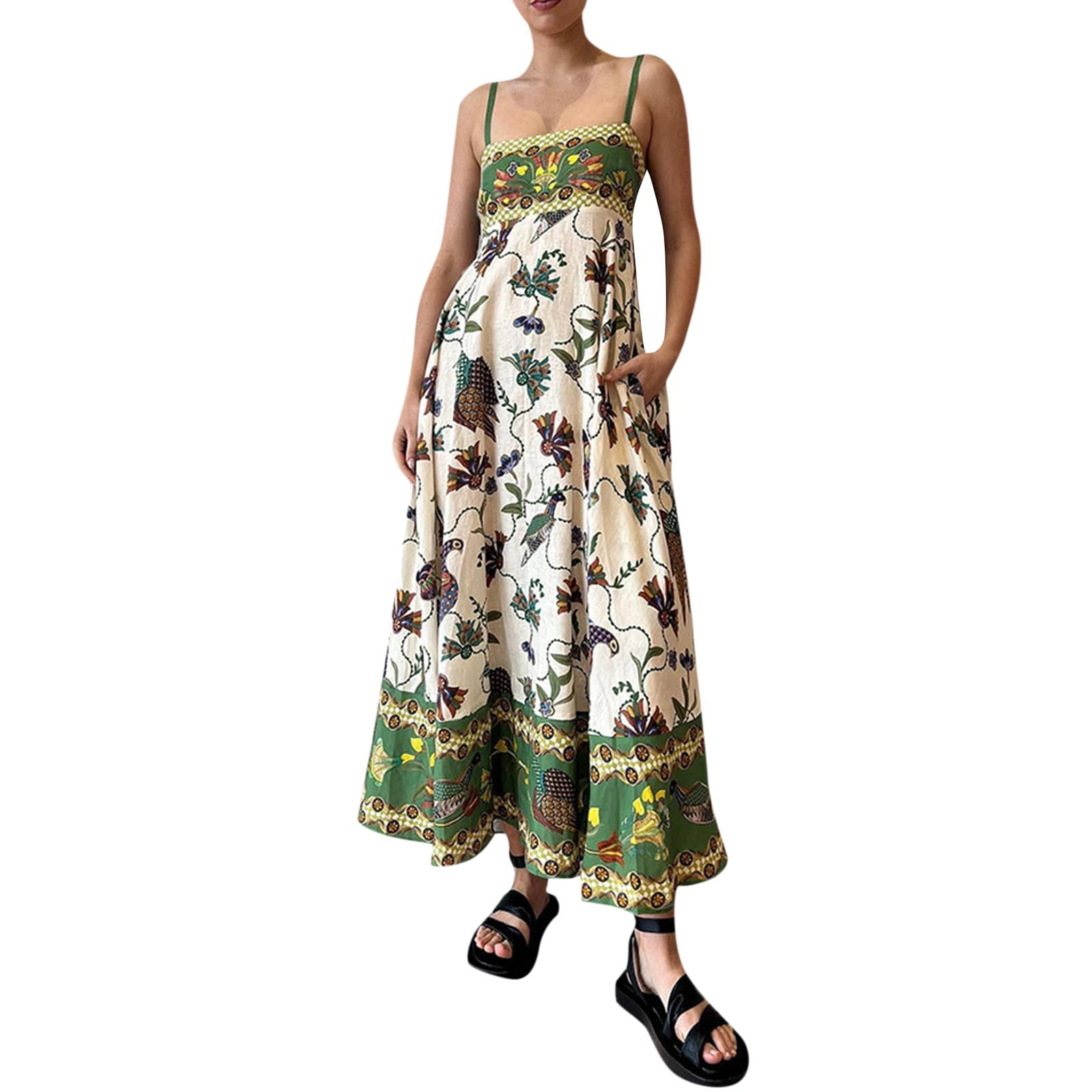 Robe Longue D'été Femme - Imprimé Floral Bohème, Sans Manches, En Polyester - Pour Plage, Vacances Ou Soirée