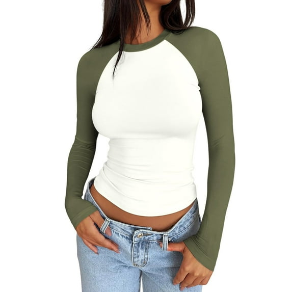 SnnmBlm Women Raglan Colorblock Long Sleeve Crewneck Tee Shirts Slim Casual Tops Army Green S