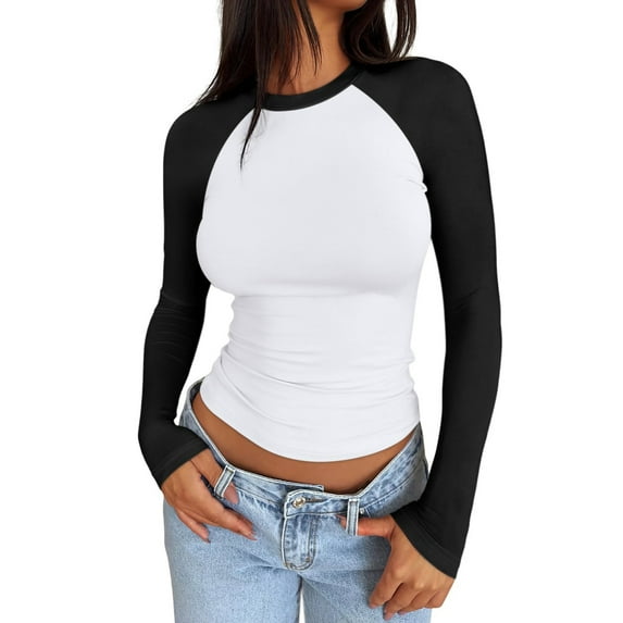 SnnmBlm Women Raglan Colorblock Long Sleeve Crewneck Tee Shirts Slim Casual Tops Black S