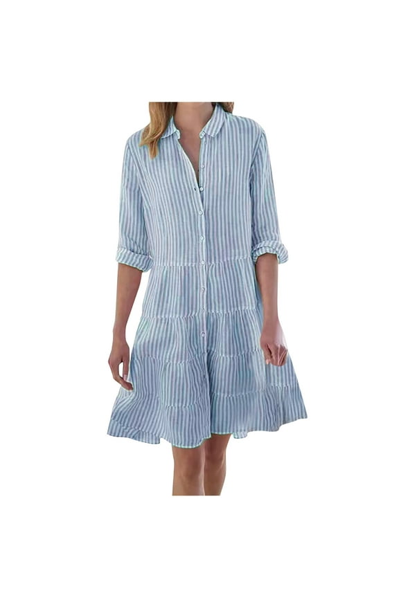 Women Striped Shirt Dress Roll Up Sleeve Button Down Long Sleeve Casual Loose Dresses High Waist A Line Swing Dress Sky Blue 2XL