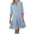 thumbnail image 1 of SnnmBlm Women Striped Shirt Dress Roll Up Sleeve Button Down Long Sleeve Casual Loose Dresses High Waist A Line Swing Dress Sky Blue S, 1 of 6