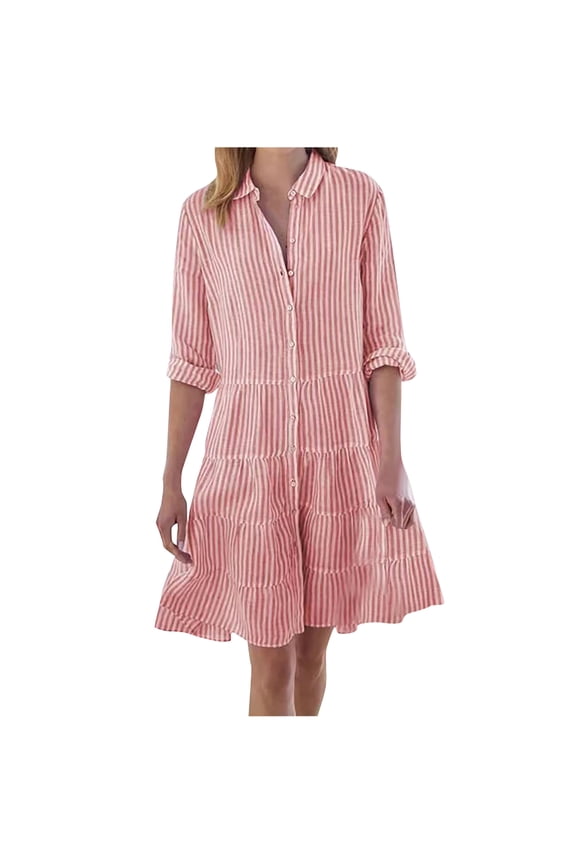 Women Striped Shirt Dress Roll Up Sleeve Button Down Long Sleeve Casual Loose Dresses High Waist A Line Swing Dress Watermelon Red S