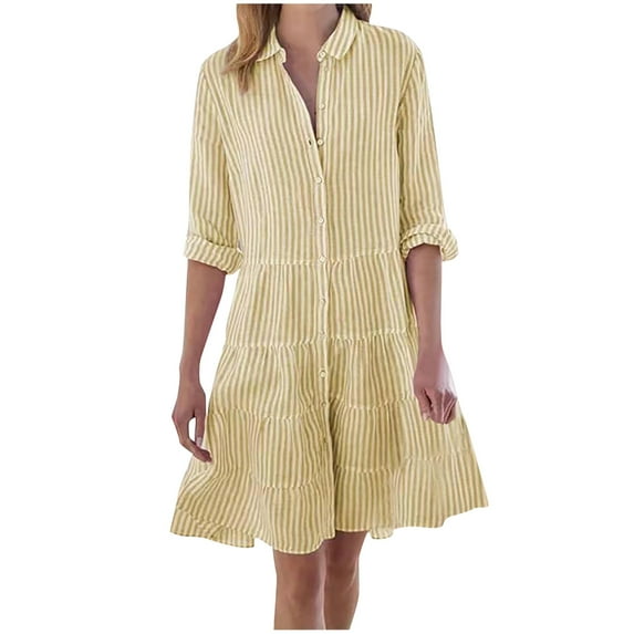 SnnmBlm Women Striped Shirt Dress Roll Up Sleeve Button Down Long Sleeve Casual Loose Dresses High Waist A Line Swing Dress Yellow M