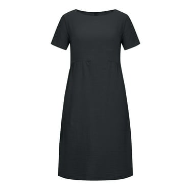SnnmBlm Women Summer Dress Cotton Linen Short Sleeve Casual Loose Swing Flowy Maxi Dresses Black XL