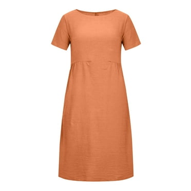 SnnmBlm Women Summer Dress Cotton Linen Short Sleeve Casual Loose Swing Flowy Maxi Dresses Orange L