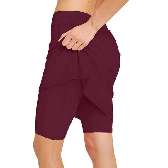 SnnmBlm Women Swim Skirt with Legging Sun Protective 50+ Swimming Tight Skort Capris Wine S
