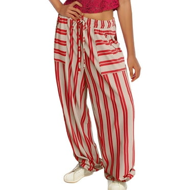 SnnmBlm Women Y2k Drawstring Lounge Pants Casual Striped Wide Leg Pants Plaid Loose Elastic Waist Pants Summer Pajamas Pants Red M