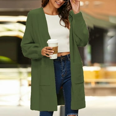 SnnmBlm Women's 2024 Fall Open Front Knit Cardigan Long Sleeve Sweaters with Pockets Army Green S