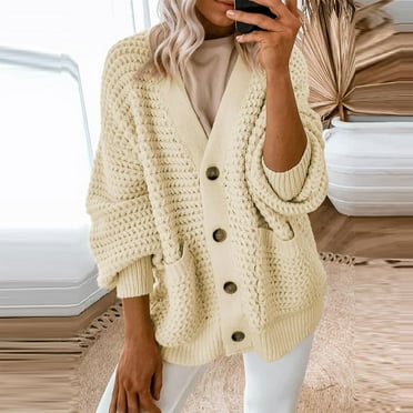 SnnmBlm Women's 2024 Fashion Casual Open Front Long Sleeve Chunky Knit Cardigans Sweaters Outerwear Coats Beige L