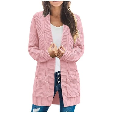 SnnmBlm Women's 2024 Long Sleeve Cable Knit Cardigan Sweaters Open Front Fall Outwear Coat Pink L