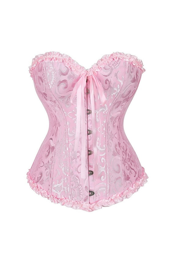 Women's Bustier Corset Lace Up Boned Overbust Bustier Top Pink M