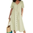 thumbnail image 1 of SnnmBlm Women's Casual V Neck Button Down Cotton Linen Dress Short Sleeve Midi Length Loose Summer Dresses Beige 3XL, 1 of 6