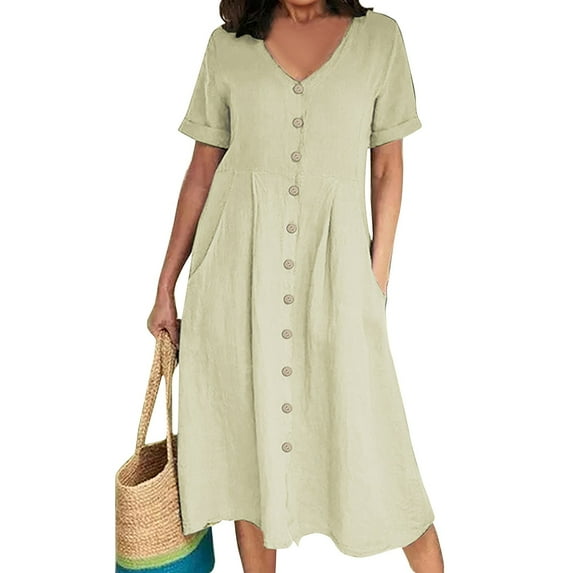 SnnmBlm Women's Casual V Neck Button Down Cotton Linen Dress Short Sleeve Midi Length Loose Summer Dresses Beige XL