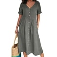 thumbnail image 1 of SnnmBlm Women's Casual V Neck Button Down Cotton Linen Dress Short Sleeve Midi Length Loose Summer Dresses Gray 5XL, 1 of 6