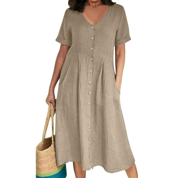 SnnmBlm Women's Casual V Neck Buttons Down Front Short Sleeve Loose Fit Midi Dress Khaki 2XL
