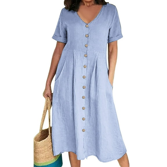 SnnmBlm Women's Casual V Neck Button Down Cotton Linen Dress Short Sleeve Midi Length Loose Summer Dresses Light Blue XL