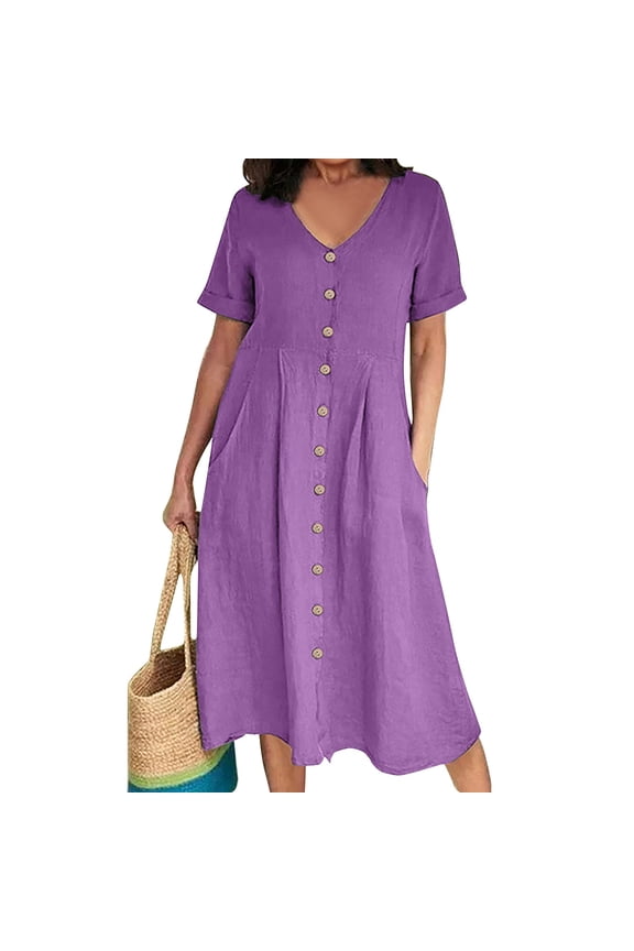 Women's Casual V Neck Button Down Cotton Linen Dress Short Sleeve Midi Length Loose Summer Dresses Purple 3XL