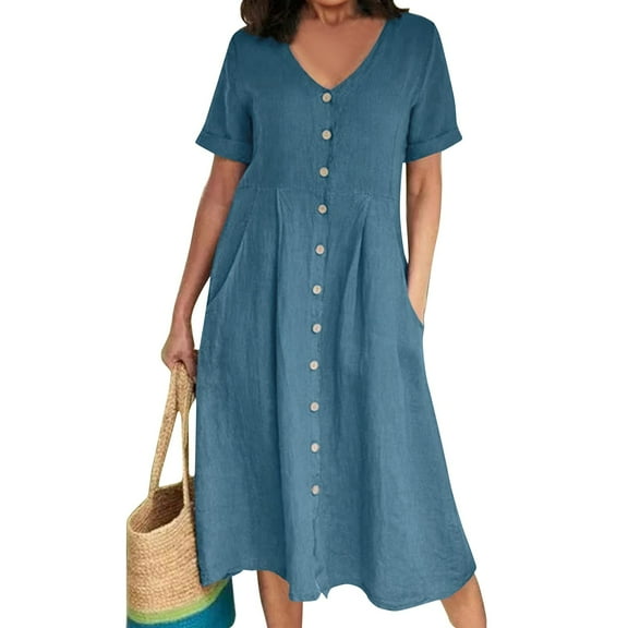 SnnmBlm Women's Casual V Neck Button Down Cotton Linen Dress Short Sleeve Midi Length Loose Summer Dresses Sky Blue XL