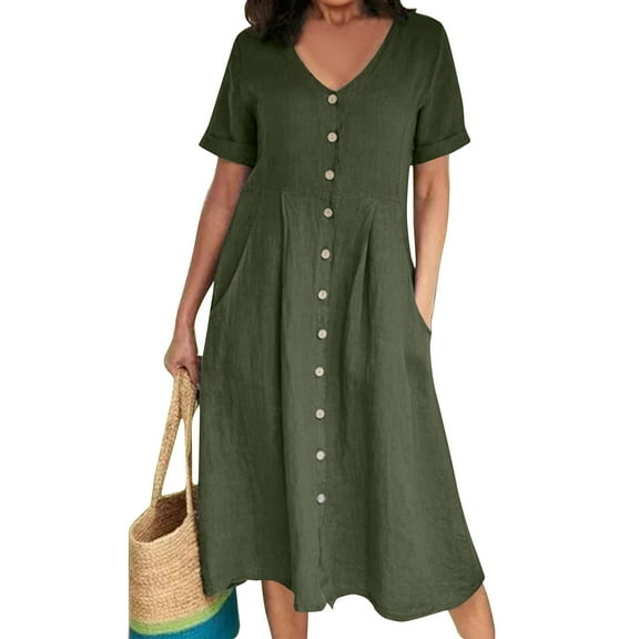 SnnmBlm Women's Casual V Neck Button Down Cotton Linen Dress Short Sleeve Midi Length Loose Summer Dresses Army Green 3XL