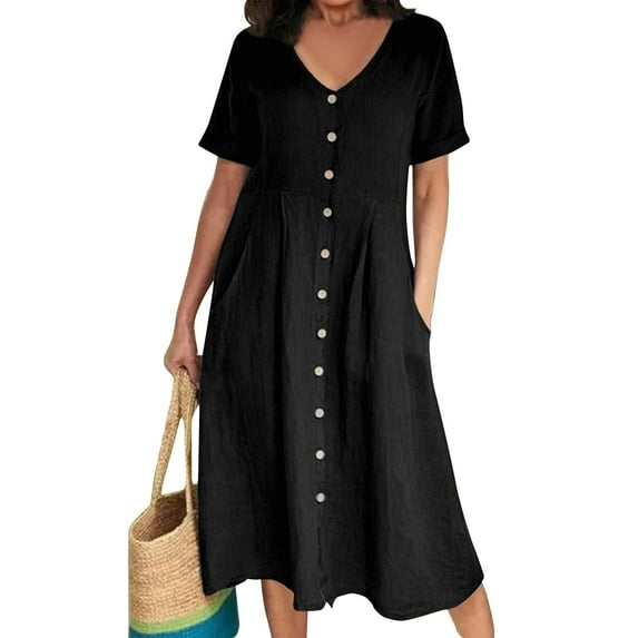 SnnmBlm Women's Casual V Neck Buttons Down Front Short Sleeve Loose Fit Midi Dress Black 5XL