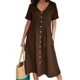 thumbnail image 1 of SnnmBlm Women's Casual V Neck Buttons Down Front Short Sleeve Loose Fit Midi Dress Coffee L, 1 of 6