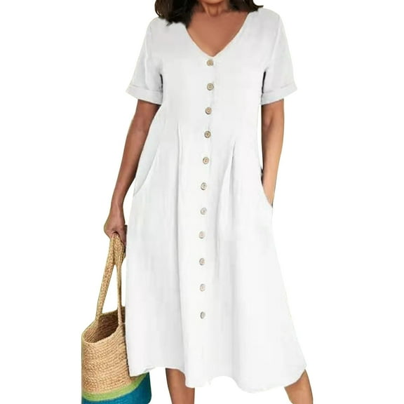 SnnmBlm Women's Casual V Neck Button Down Cotton Linen Dress Short Sleeve Midi Length Loose Summer Dresses White S