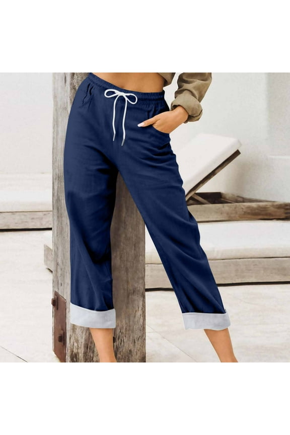 Women's Denim Stretch Joggers Drawstring Elastic Waist Pull On Jeans with Side Pocket Dark Blue M