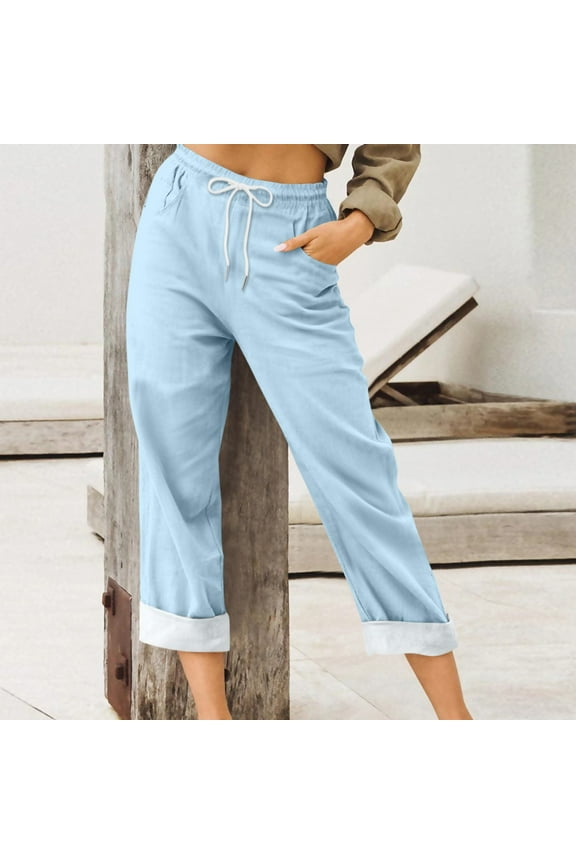 Women's Denim Stretch Joggers Drawstring Elastic Waist Pull On Jeans with Side Pocket Light Blue S