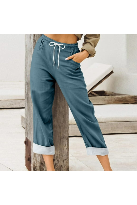 Women's Denim Stretch Joggers Drawstring Elastic Waist Pull On Jeans with Side Pocket Navy L
