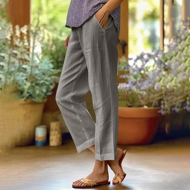 SnnmBlm Women's Fashion Solid Color Loose Elastic Waist Straight Pocket Casual Pants Light Gray S
