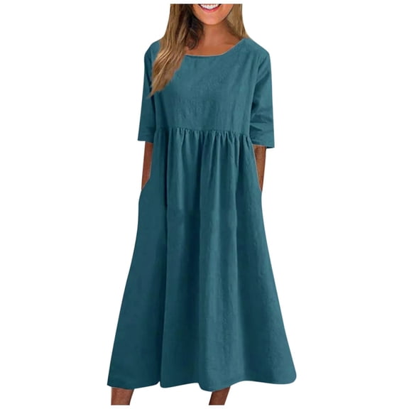 SnnmBlm Women's Half Sleeve Linen Maxi Dresses Casual Loose Plus Size Beach Dress for Women Blue 4XL