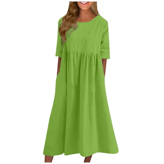 SnnmBlm Women's Half Sleeve Linen Maxi Dresses Casual Loose Plus Size Beach Dress for Women Green M