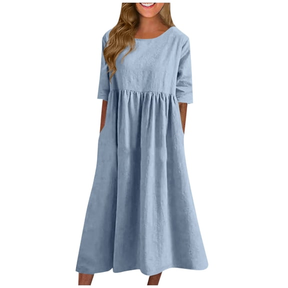 SnnmBlm Women's Half Sleeve Linen Maxi Dresses Casual Loose Plus Size Beach Dress for Women Light Blue M