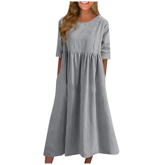 SnnmBlm Women's Half Sleeve Linen Maxi Dresses Casual Loose Plus Size Beach Dress for Women Light Gray S
