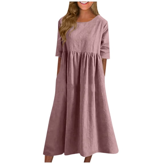 SnnmBlm Women's Half Sleeve Linen Maxi Dresses Casual Loose Plus Size Beach Dress for Women Pink 2XL