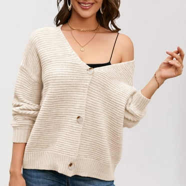 SnnmBlm Women's Long Sleeve Button Front V Neck Soft Knit Cardigan Sweaters Beige M