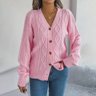 SnnmBlm Women's Long Sleeve Cable Knit Cardigan Sweaters 2024 Oversized Open Front Long Cardigans Button Up Outerwear Pink M