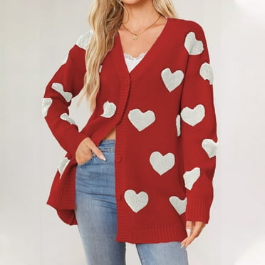 SnnmBlm Women's Long Sleeve Cute Cardigan Sweaters V Neck Open Front Ribbed Knit Valentines Sweaters Coat Red XL
